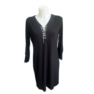 Michael Kors Black Sheer Shirt Shift Dress Easy Wear Roll Tab Sleeve sz M Petite